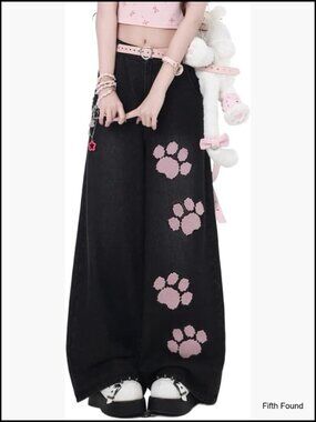 Harajuku Cat's Claw Patchwork Wide Leg Jeans High Waisted Y2K